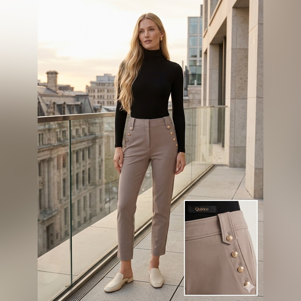 Quince Women's Taupe Cropped Pants with Button Accents
